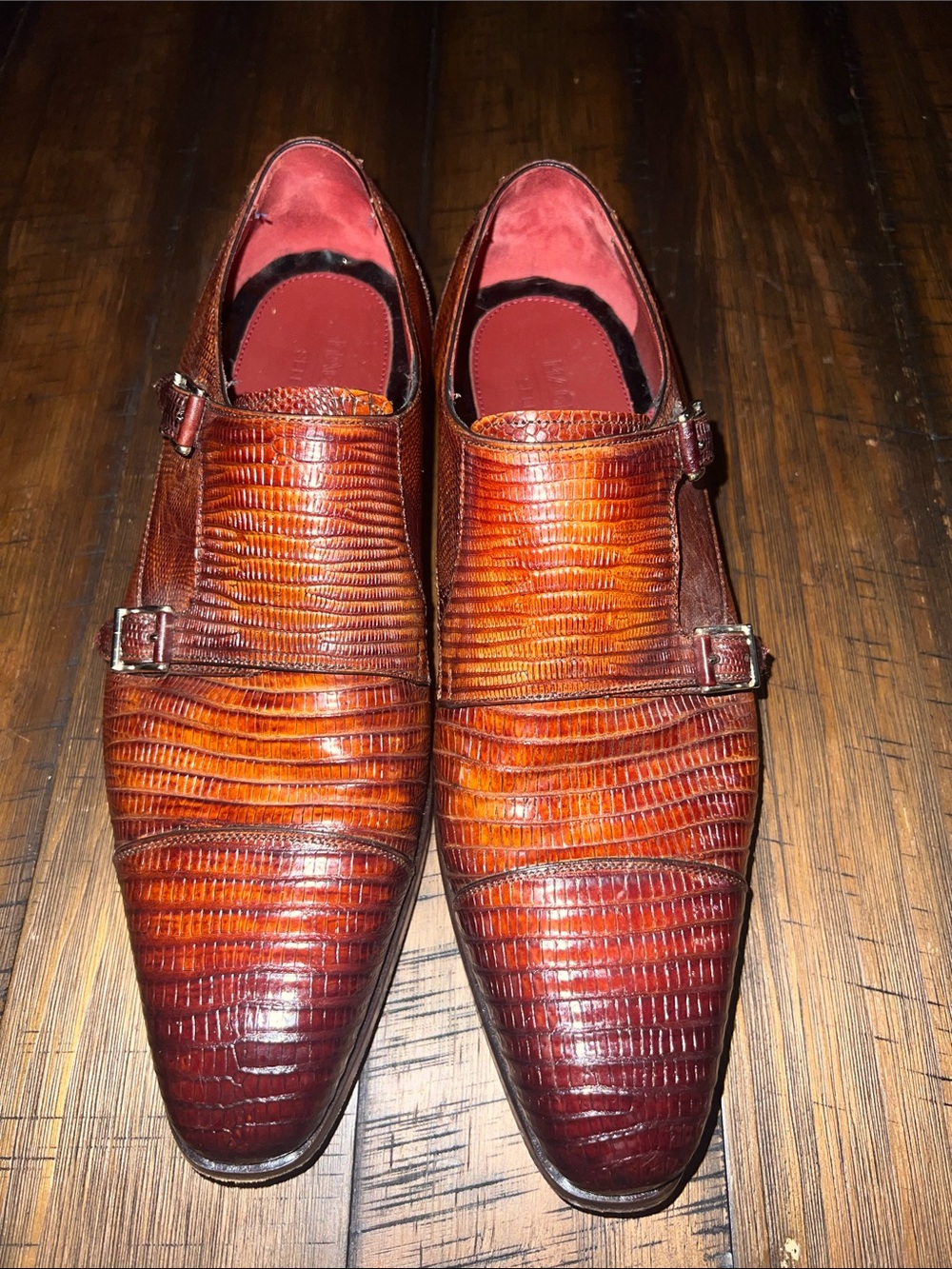 Magnanni Seleccion Brown Genuine Lizard Leather Double Monk Strap Dress Shoes